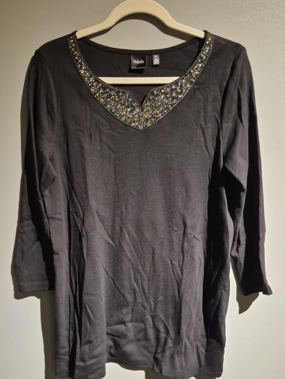 Rafaella Black 3/4-Sleeve V-Neck Top with Beaded Trim